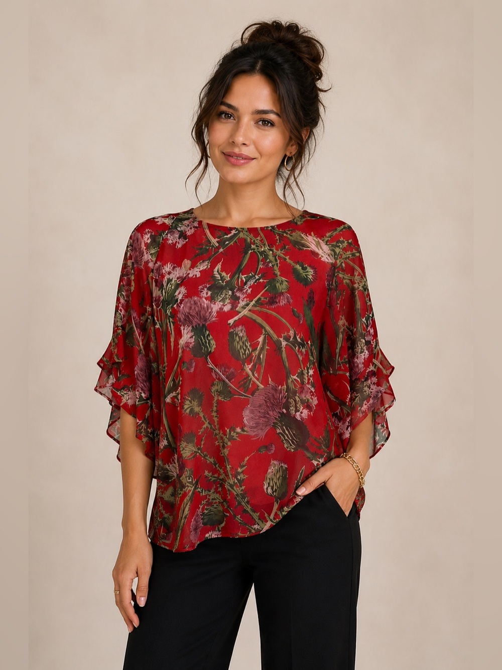 Umgee Red Thistle Print Dolman Blouse Medium | Boho Sheer Ruffle Sleeve Top